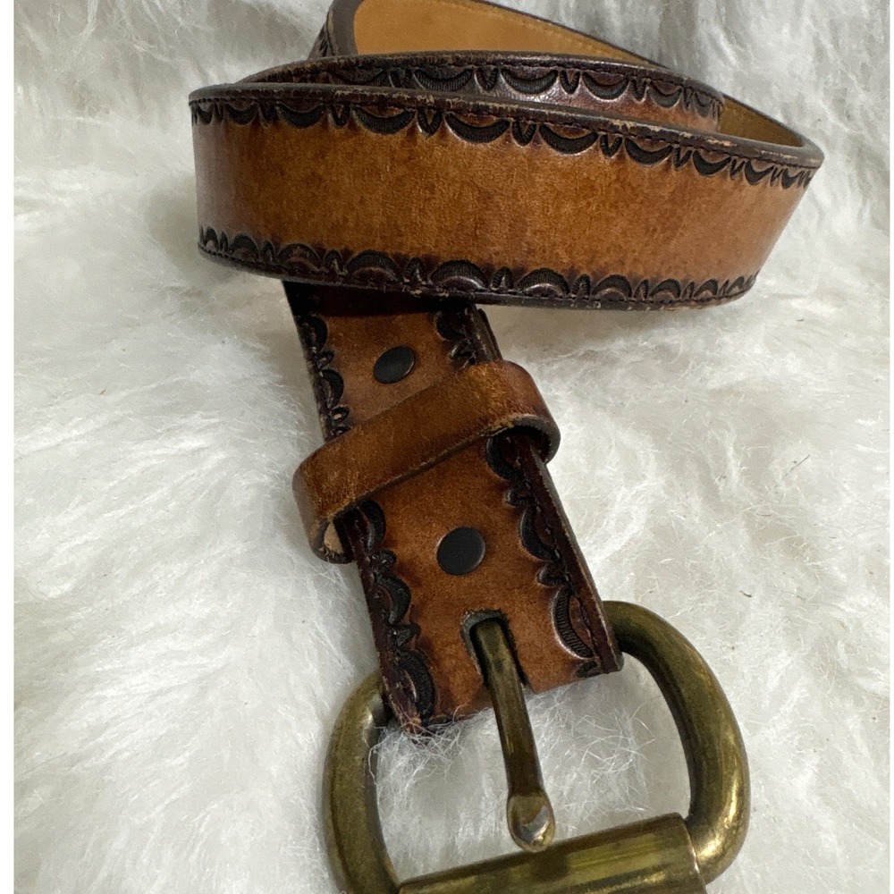 Leather Belt Mens 34 Tooled Western Brown Brass Snap Off USA Boho Cowboy